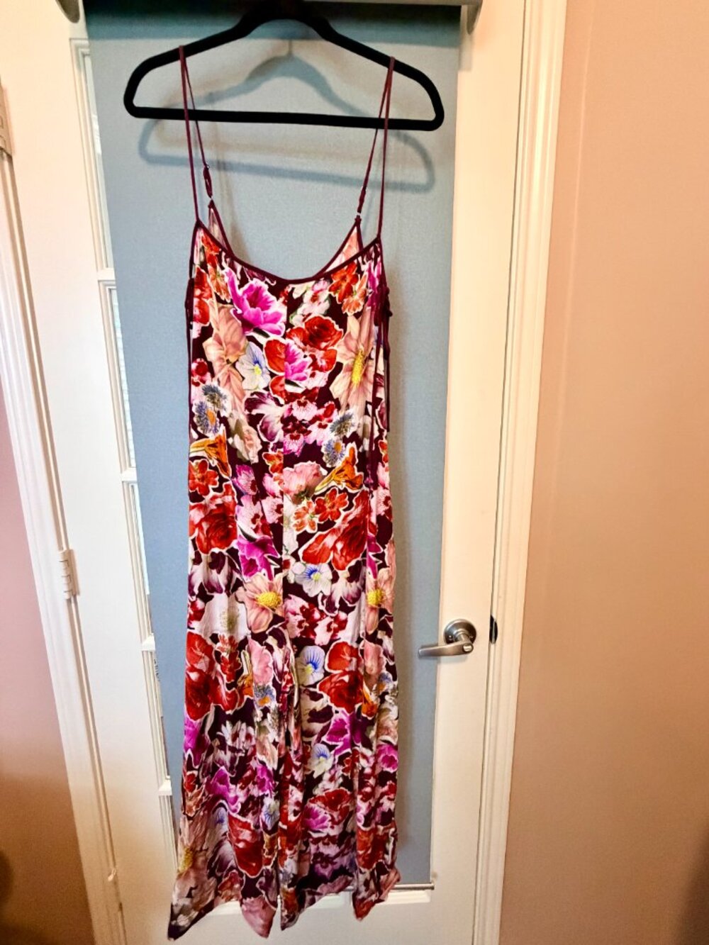 By Anthropologie Printed Wide Leg Floral Jumpsuit Burgundy Pink L - Picture 5 of 8
